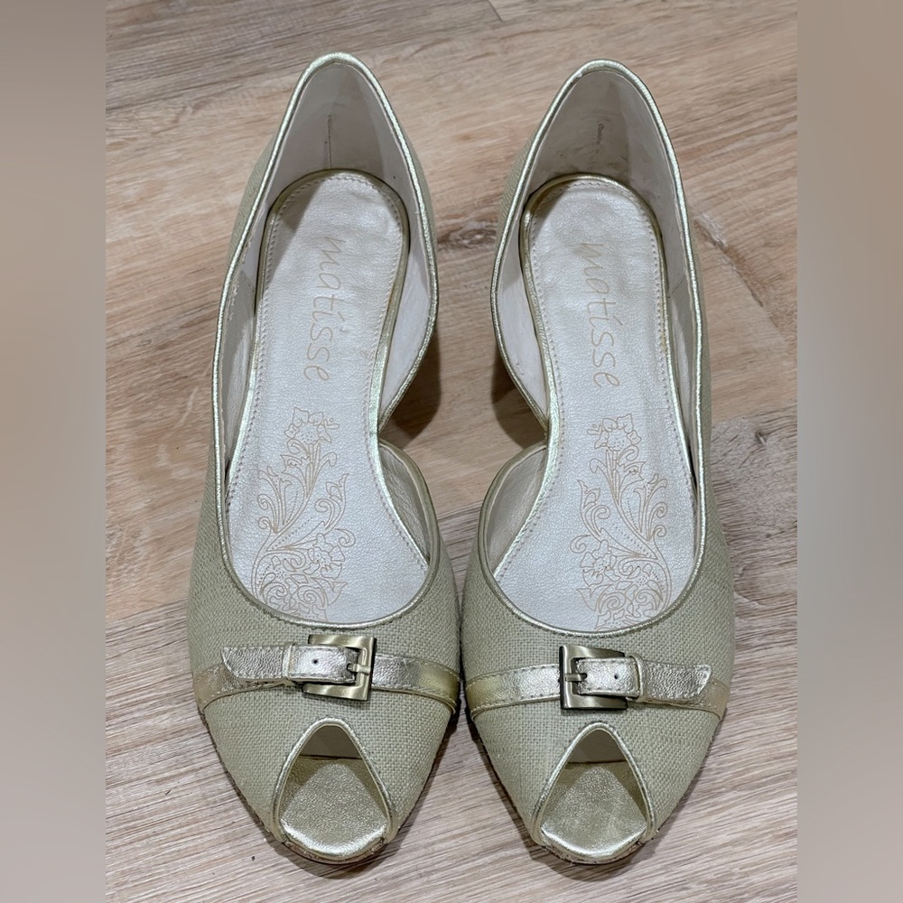 Matisse Estee Khaki Canvas and Gold Leather Open Toe Basket Weave Wedge 7.5 - Picture 2 of 13